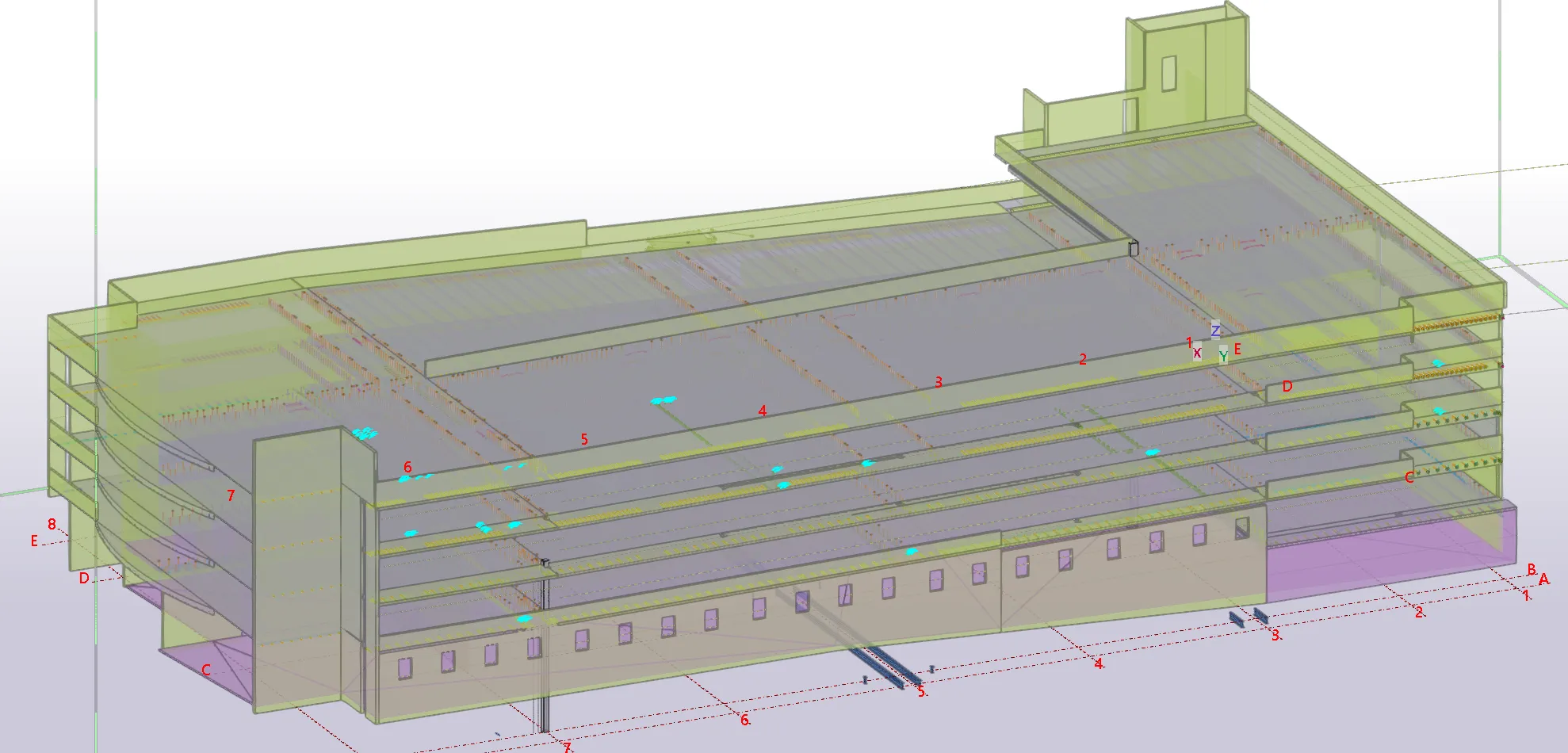Steel detailing model — Spring Street car park, steelwork bolted to existing concrete walls, Tauranga